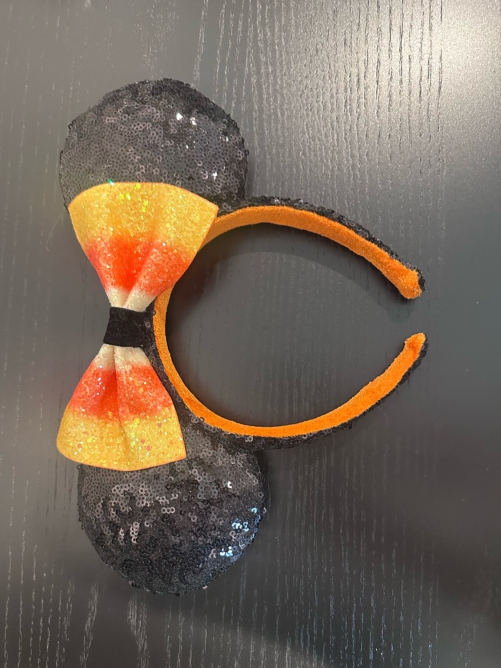 Disney Black Sequin Minnie Ears with Orange and Yellow Candy Bow